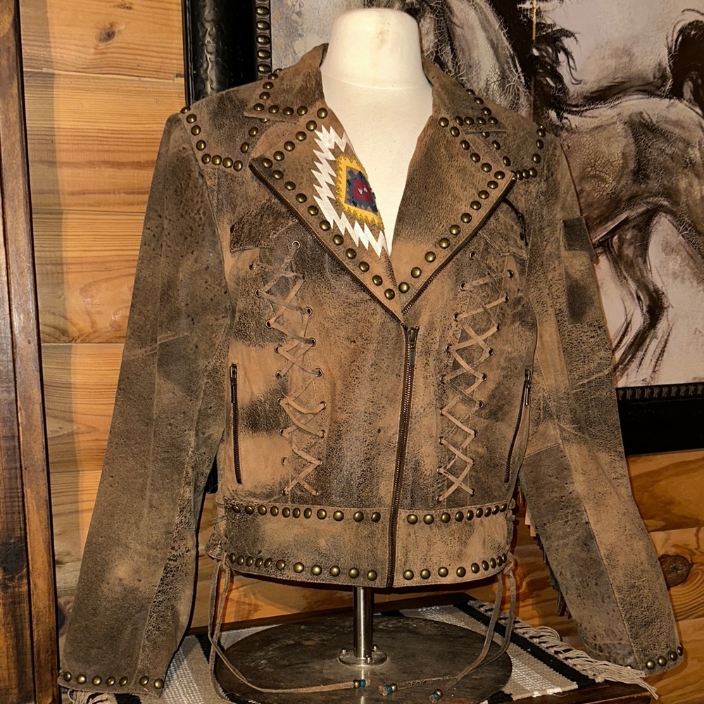 Double D Ranch Brown Leather Jacket with Native American Design - Picture 4 of 10